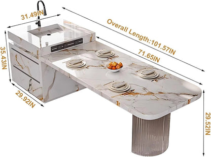 86” - 102” White Simple Kitchen Island Includes Unique Texture Design & Translucent Base (No Chair)