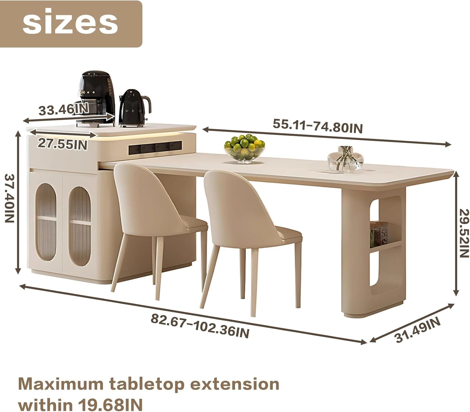 87”-102” White Minimalist Kitchen Island Includes Visualize Stripe Panel