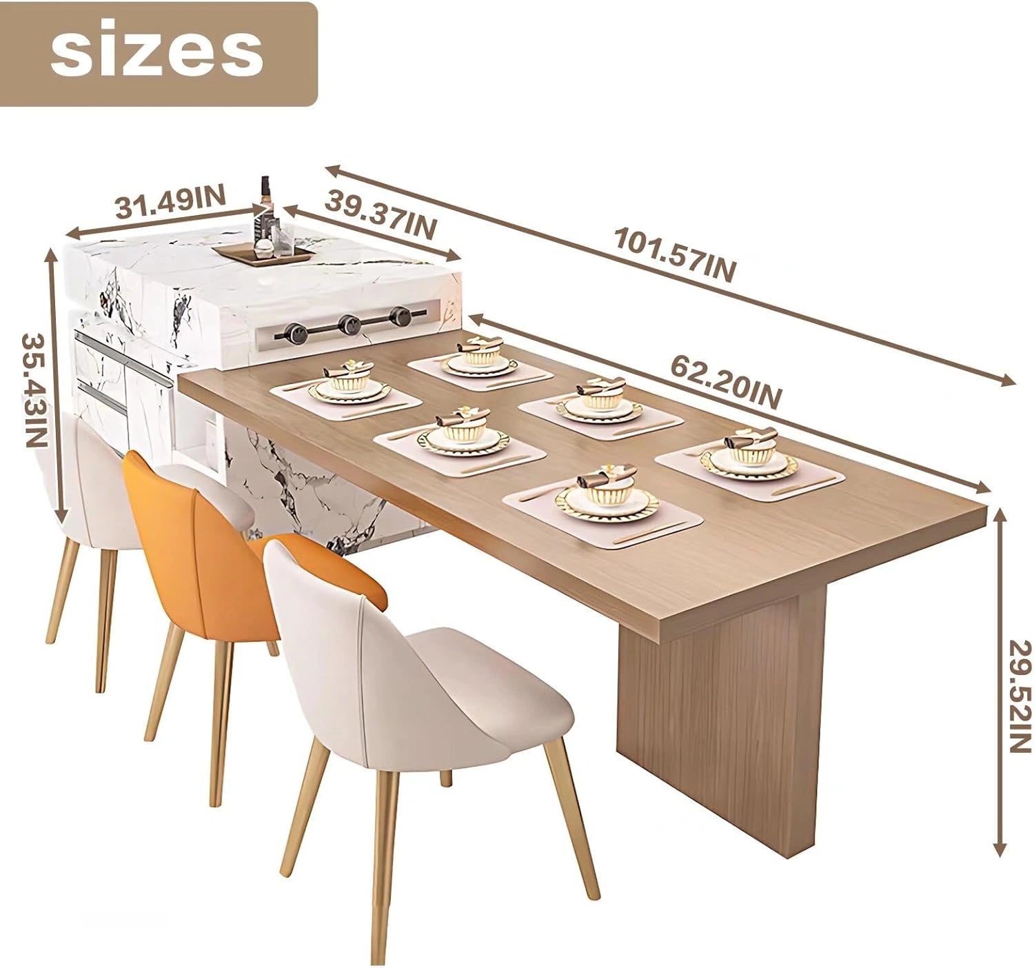 94" - 109" Elegant Cozy Kitchen Island Includes L-Shaped Solid Wood Style Table (No Chair)