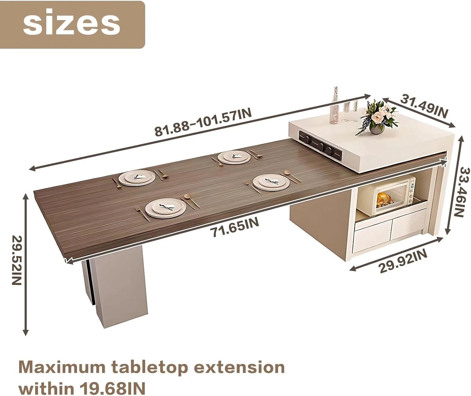 94” - 102” Cozy Practical Kitchen Island Includes White Simple Style&Open Storage Compartment (No Chair)