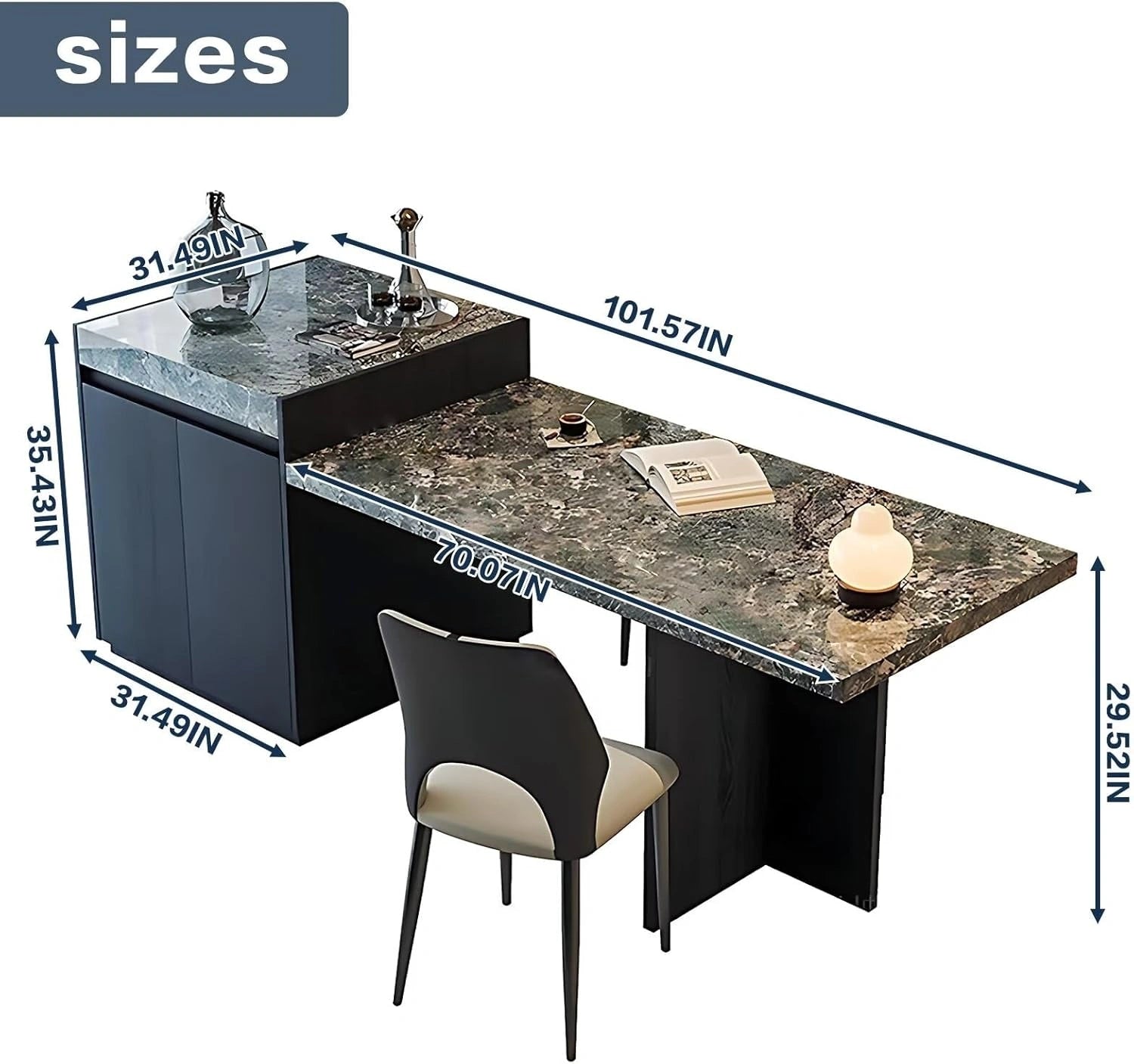 94” - 102” Black Unique Kitchen Island Includes Green Patterned Desktop (No Chair)