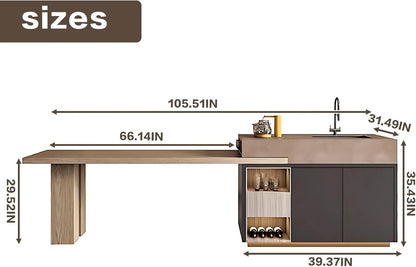 86” - 109” Solid Wood Retro Kitchen Island with Extendable Table with Open Storage Layer (No Chair)