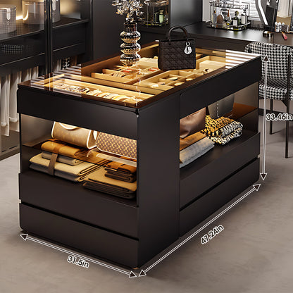 Luxurious Closet Island With Glass Top And Jewelry Storage,Black Simple Style