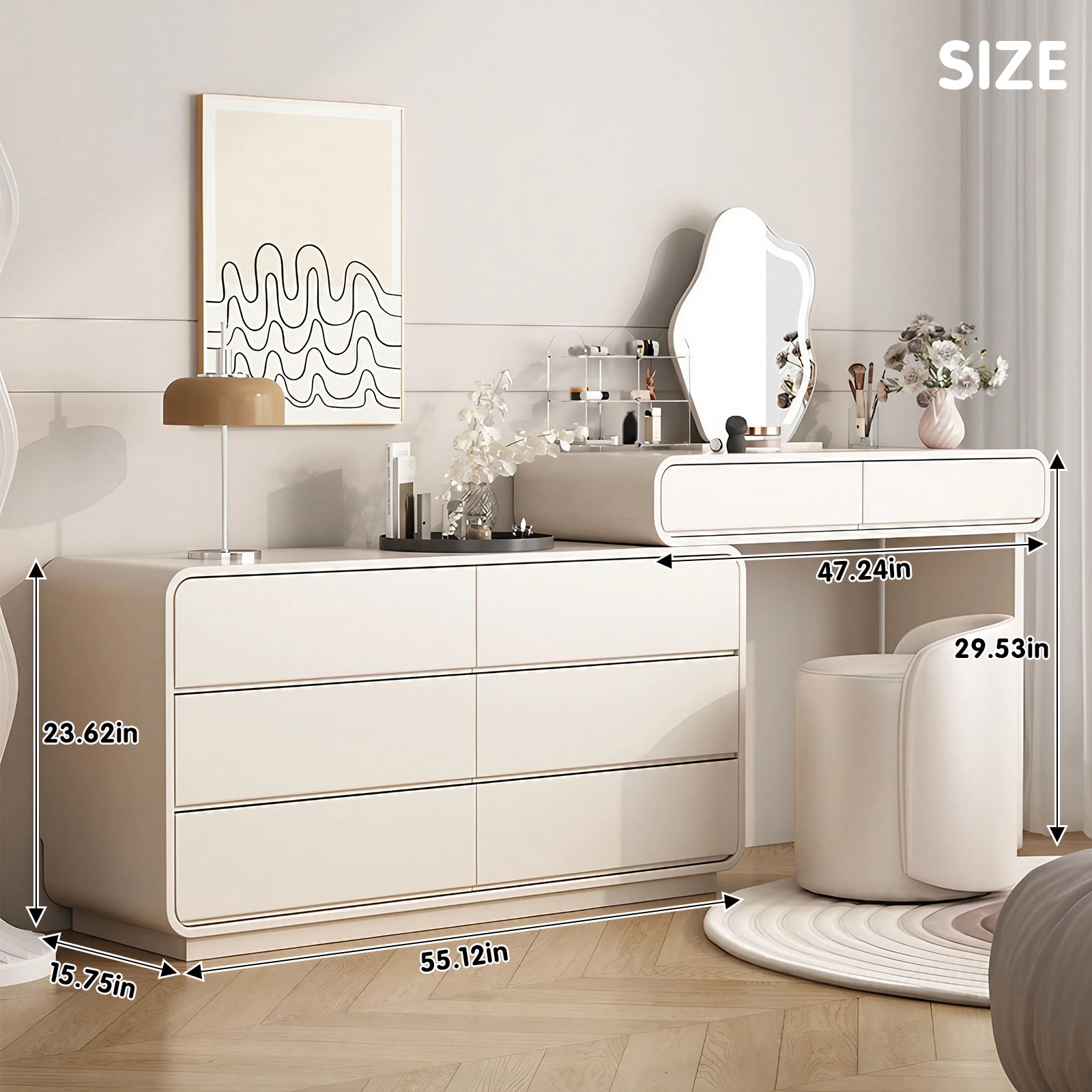 Modern Creamy Makeup Vanity Set with Led-Mirror and Stool