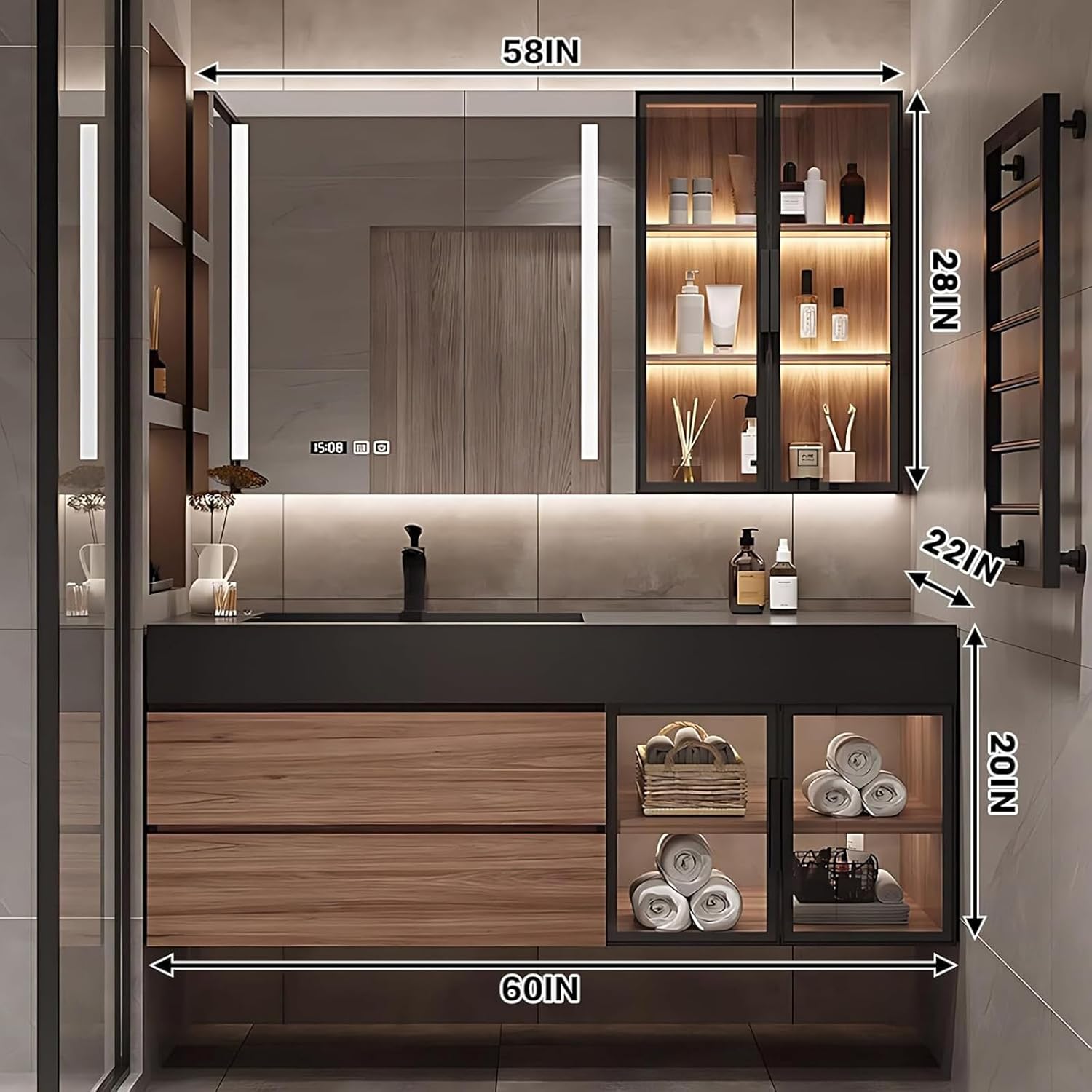 60” Brown Bathroom Vanity IMarble Slate Sink & Additional Side Cabinets