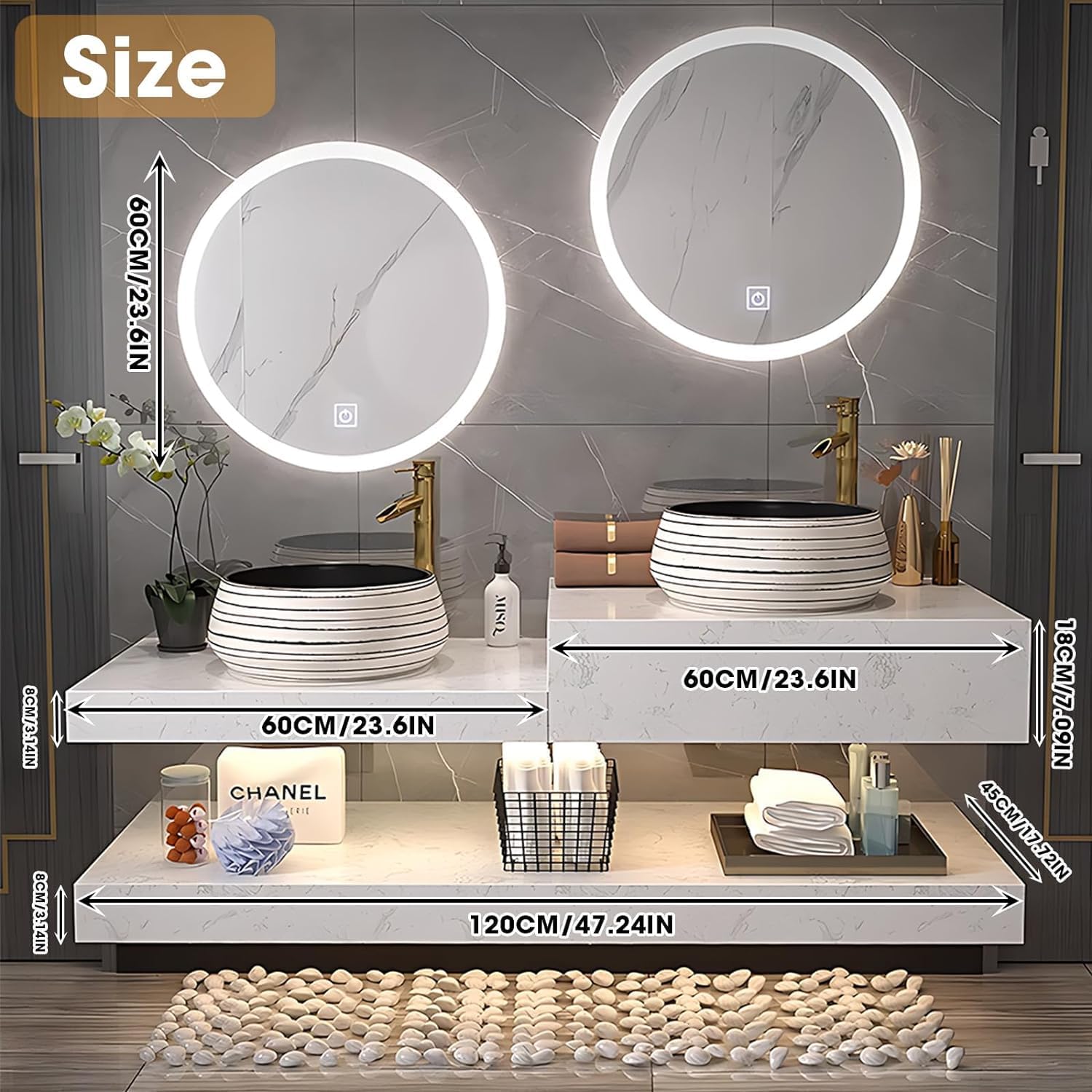 48'' White Bathroom Vanity with Handcrafted Basin &Round Mirror