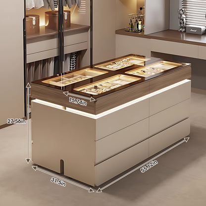 Modern Wardrobe Island Cabinet with Visible Tempered Glass Top - High-End, Large Capacity, Dual-Sided Multi-Sectional Storage with LED Light and Jewelry Display