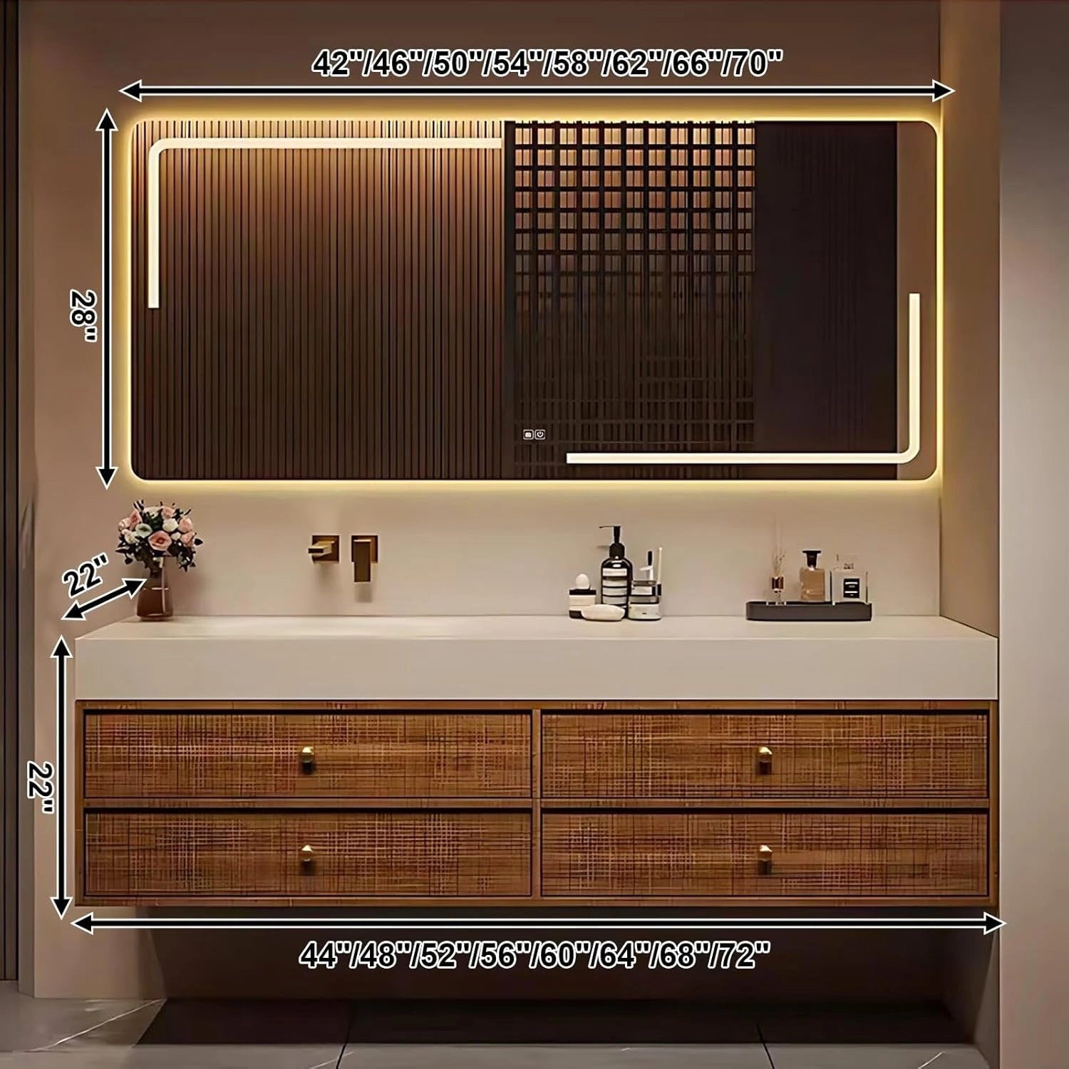 44” – 72” Exquisite Bathroom Vanity with LED Smart Defog Mirror and Integrated Basin