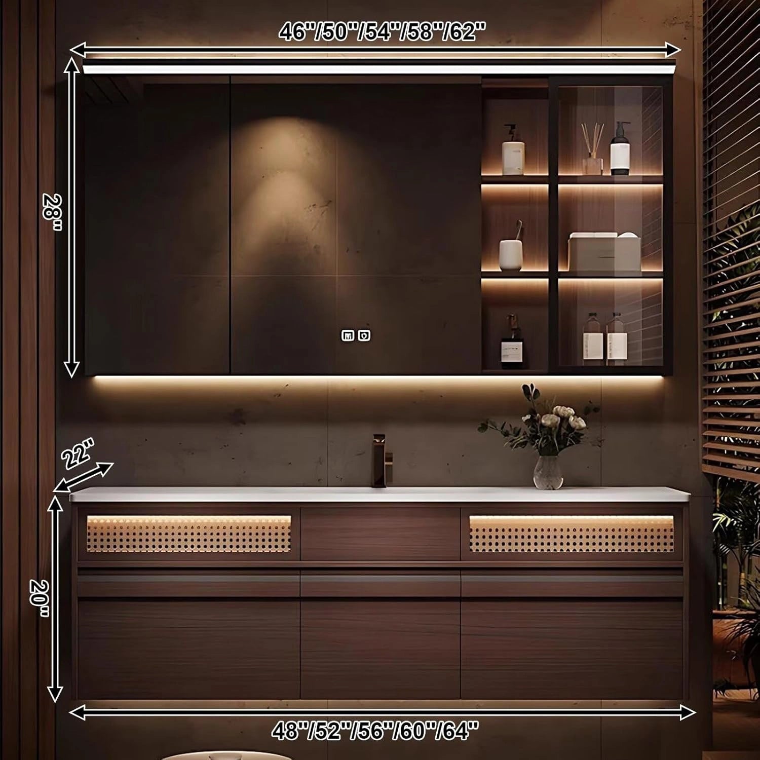 48” – 64” Unique Practical Bathroom Vanity with Double Sink and Glass Open Shelves