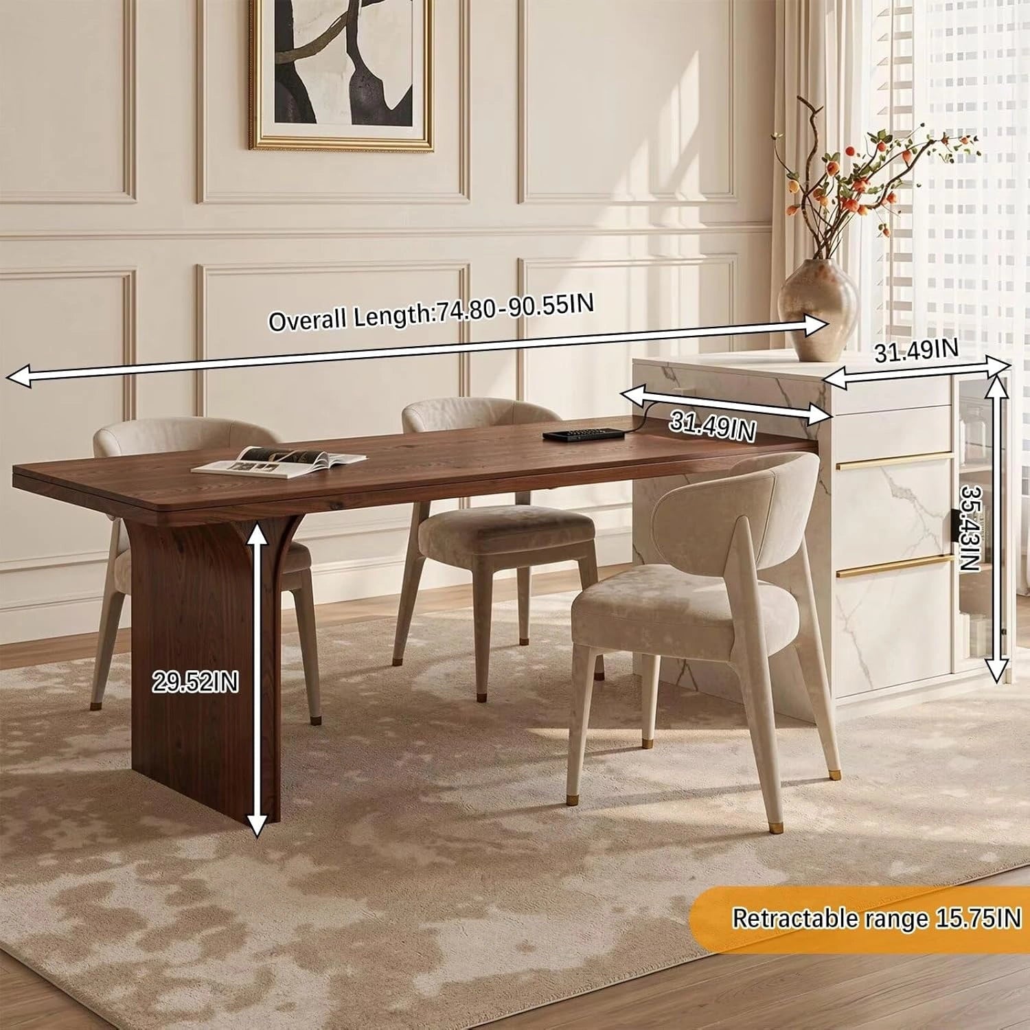 75” Elegant Natural Kitchen Island with Walnut & Marble Material