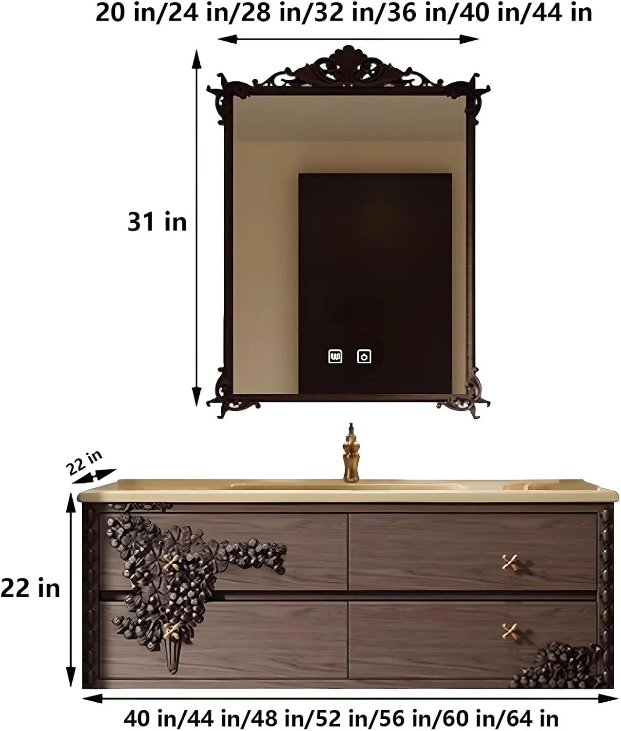 40” – 64” Vintage Carved Bathroom Vanity with Golden Cross Shaped Handle