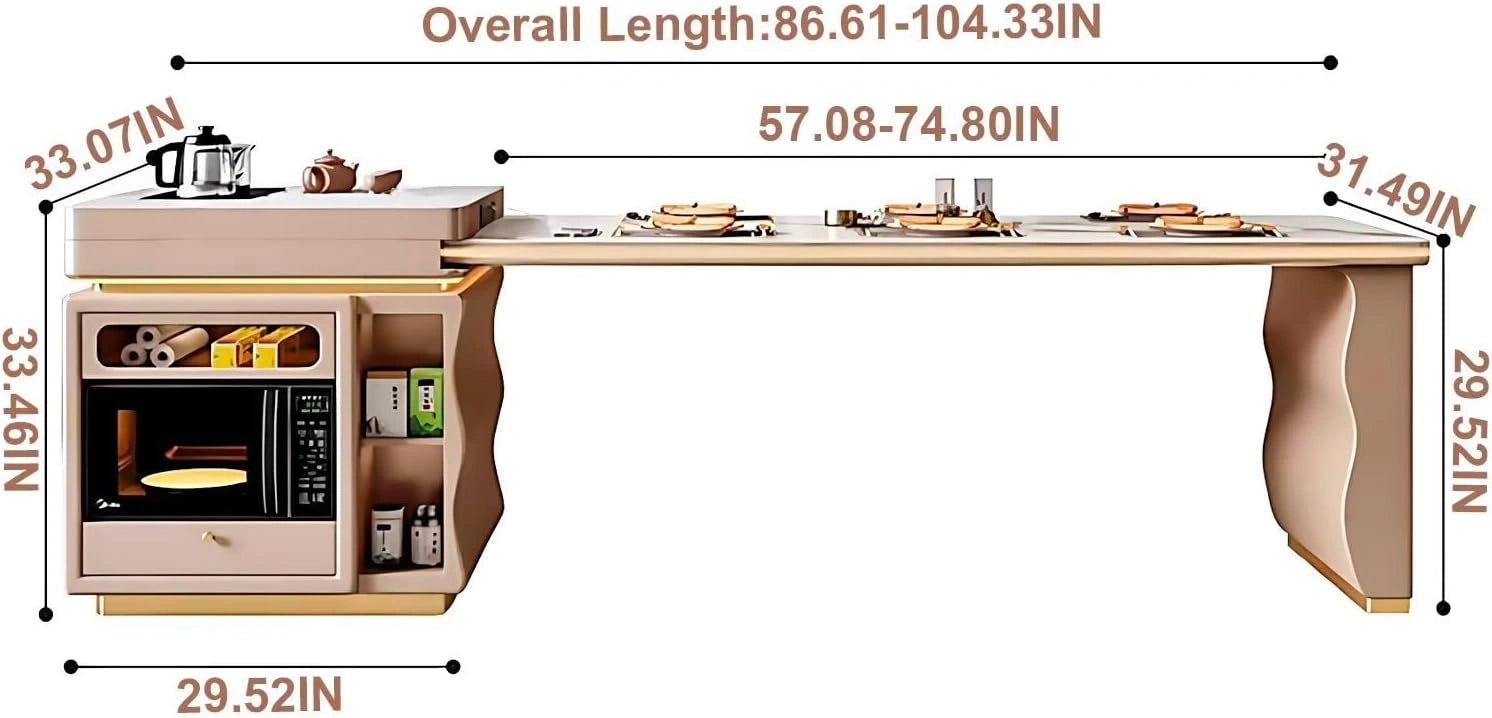 87” Modern Luxury Kitchen Island with Retractable Dining Table (No Chair)