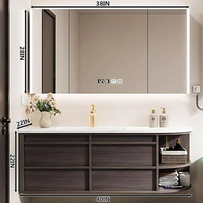 40” - 60” Brown Wood Bathroom Vanity with Open Storage Rack & Integrated Basin
