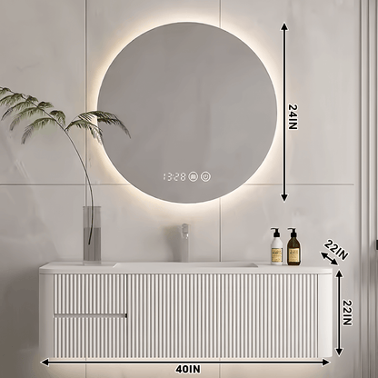 40"- 60" White Bathroom Cabinets Set with Lighted Round Mirror Cabinet and Single Basin