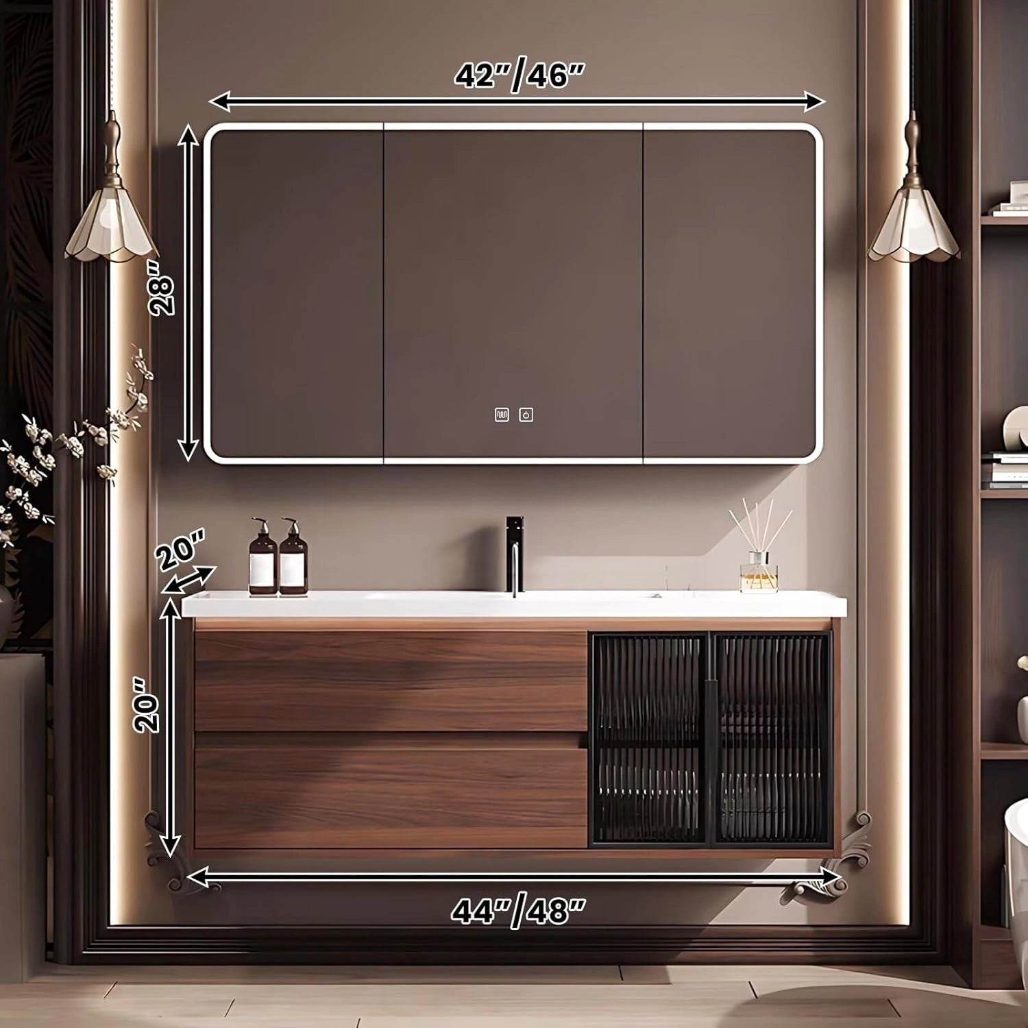 40” – 48” Medieval Bathroom Vanity Includes Striped Embossed Glass Door Cabinet