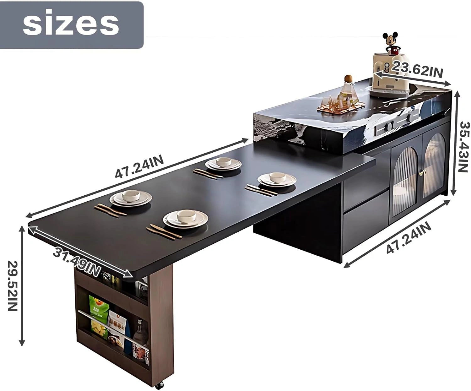 39” - 63” Black Simple Kitchen Island with Unique Pattern Countertop (No Chair)