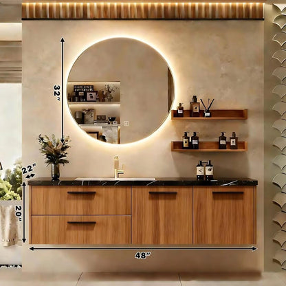 48” - 68” Wood Grain Bathroom Vanity with Round Smart Anti-Fog Mirror