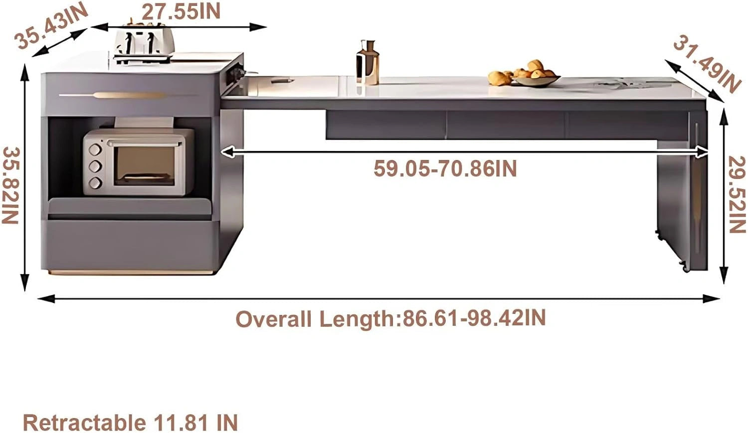 87” Retractable Grey Kitchen Island Includes Drawer Under Tabletop (No Chair)