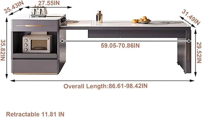 87” Retractable Grey Kitchen Island Includes Drawer Under Tabletop (No Chair)