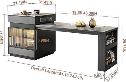 51” - 67” Grey Luxury Kitchen Island Includes Striped Glass Cabinet (No Chair)
