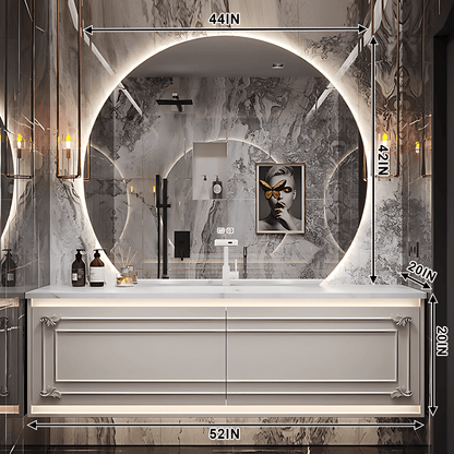 36"- 72" White Wall Mounted Bathroom Vanity with Single Sink and Round Smart LED Mirror