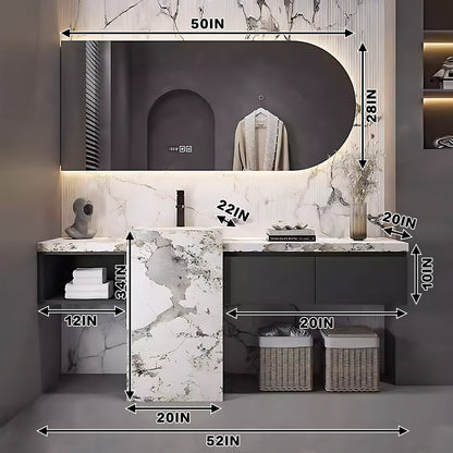 52"- 76" Freestanding Open Storage Single Sink With Led Lighting Oval Smart Mirror