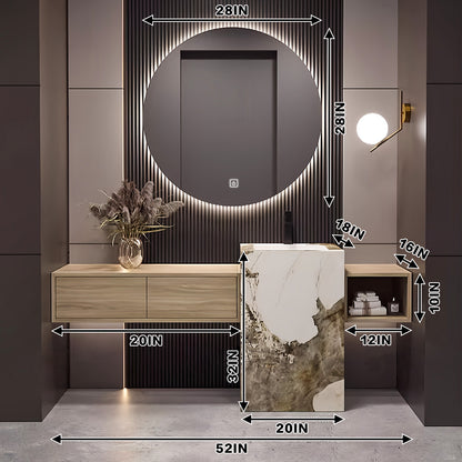 52"- 72" Round Mirror With LED Lighting And Natural Wood Color Single Basin And Sink