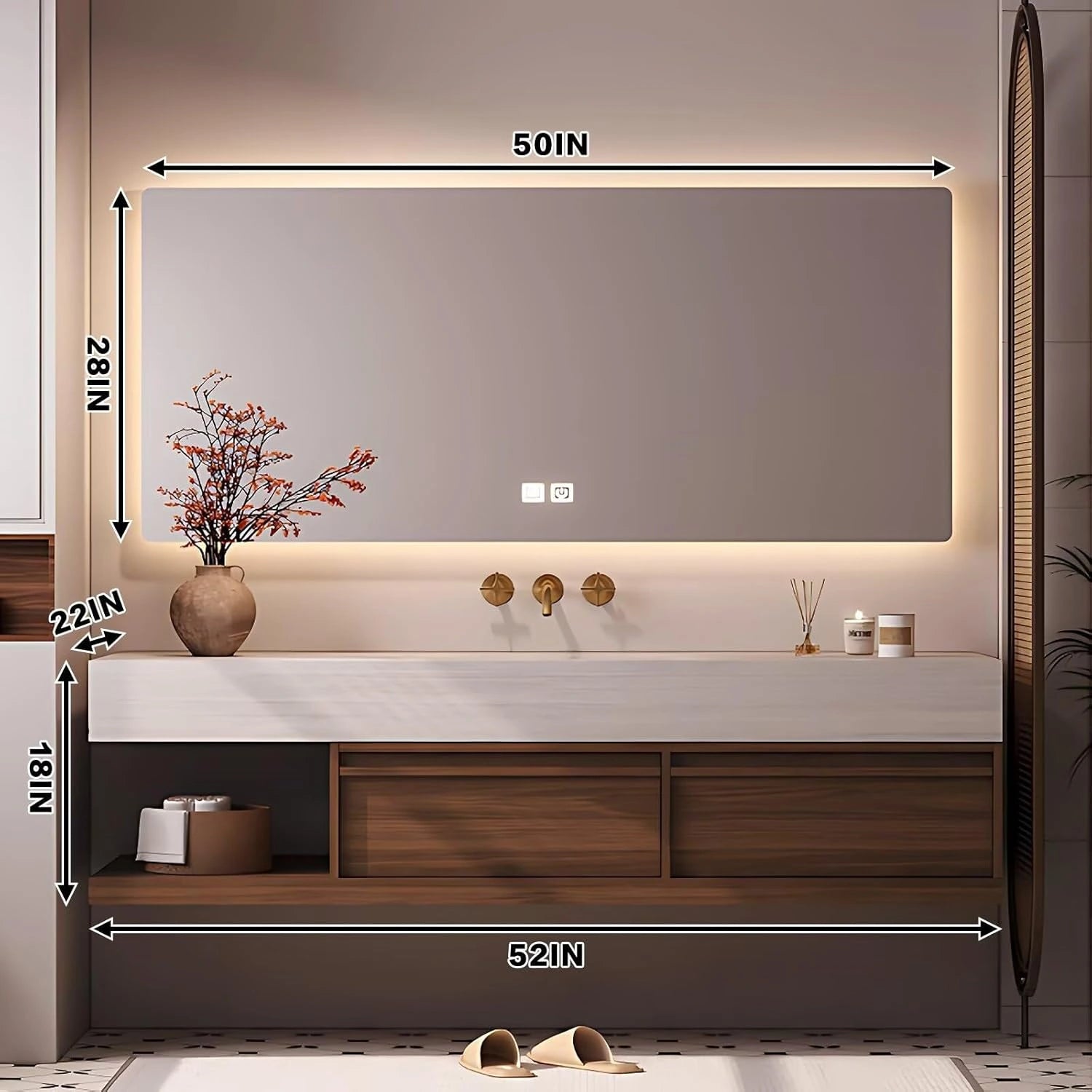 48” - 64” Natural Elegant Bathroom Vanity Includes Medieval Style & Square Mirror