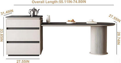 55" - 67" Elegant Cozy Kitchen Island with Cylindrical Striped Table Foot & Curved Tabletop (No Chair)
