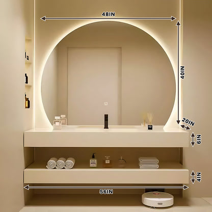 40"- 64" Wall Mounted And Ceramic basins Open Storage With Round LED Light Mirror