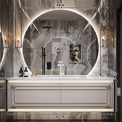 36"- 72" White Wall Mounted Bathroom Vanity with Single Sink and Round Smart LED Mirror