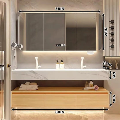 60” - 78” Modern Log Bathroom Vanity with Double Sinks Includes Rock Slab Integrated Sink