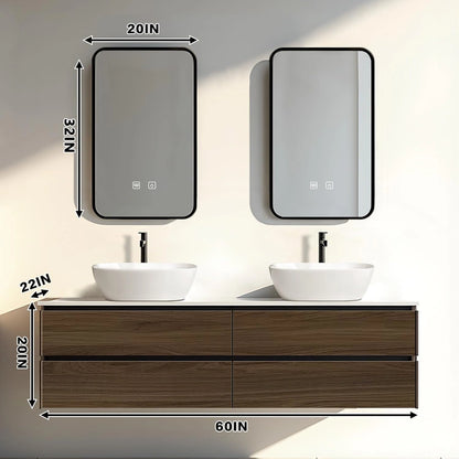 60” - 78” Dark Brown Bathroom Vanity with Four Large Drawers & Above Counter Sinks