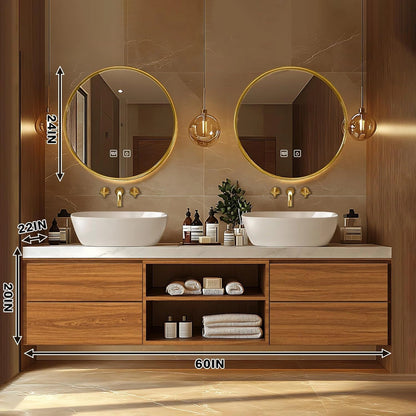 60” – 96” Natural Floating Bathroom Vanity Includes Open Storage Rack & Patterned Countertop