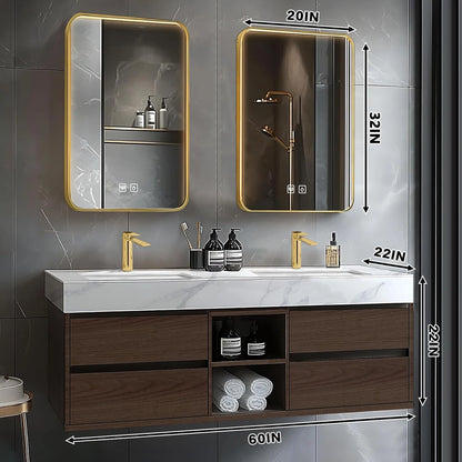 60” - 78” Brown Elegant Bathroom Vanity with Double Sinks Includes Symmetrical Drawer