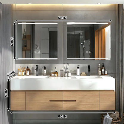 60” - 78” Simple Floating Bathroom Vanity with Mirror Cabinet & Open Shelf