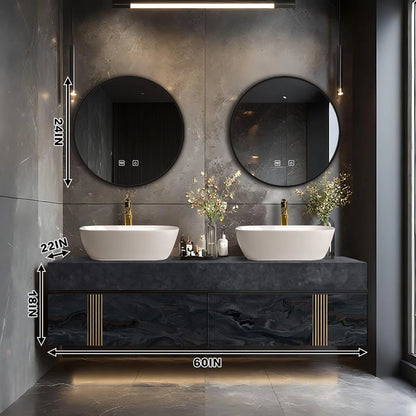60” - 78” Sophisticated Bathroom Vanity with Symmetrical Gold Line Storage Cabinet
