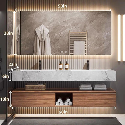 60” - 78” Modern Wood Bathroom Vanity with White Textured Rock Countertop