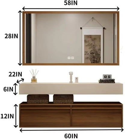 48” - 64” Wood Grain Bathroom Vanity with Rock Slab Integrated Sink