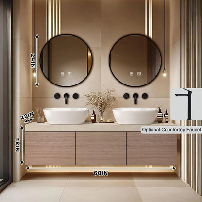 60” – 96” Minimalist Floating Bathroom Vanity with Ceramic Vessel Sinks