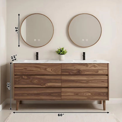 60” - 84” Free Standing Bathroom Vanity with Round Smart Defogging Mirror