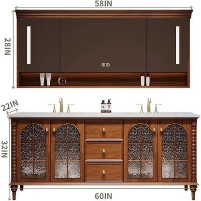 60” - 76” Retro Bathroom Vanity with Glass Door Design and Open Storage Rack
