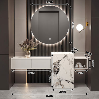 52"- 72" Round Mirror With LED Lighting And White color Single Basin And Sink