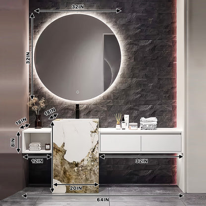 56"- 72" Freestanding Single Ceramic Sink With Round Smart Led Mirror