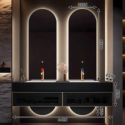 56"- 78" Wall Mounted Double Ceramics Sink With Oval Mirror LED Lighting