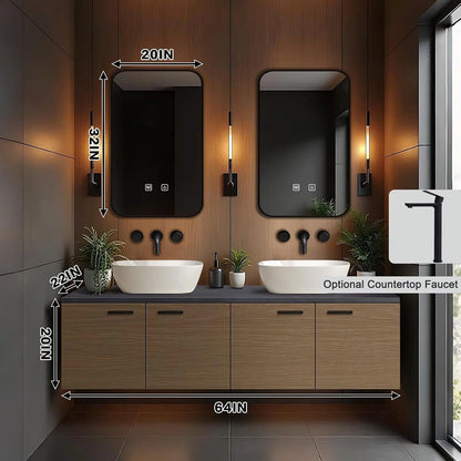 60” - 84” Brown Practical Bathroom Vanity with Black Slate Countertop and Wood Grain Cabinet