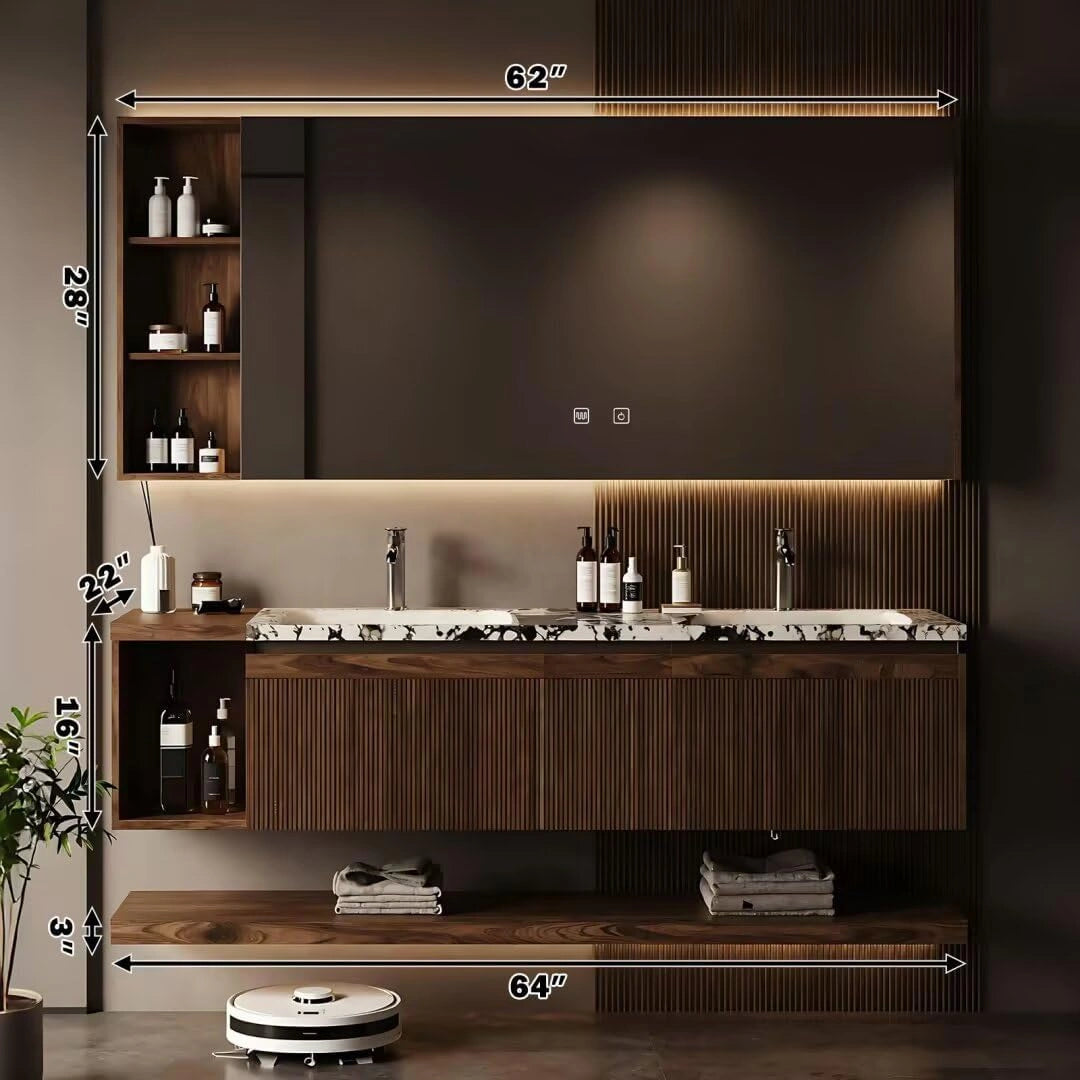 60” - 84” Modern Luxury Bathroom Vanity with Double Sink & Wood Grain Cabinet