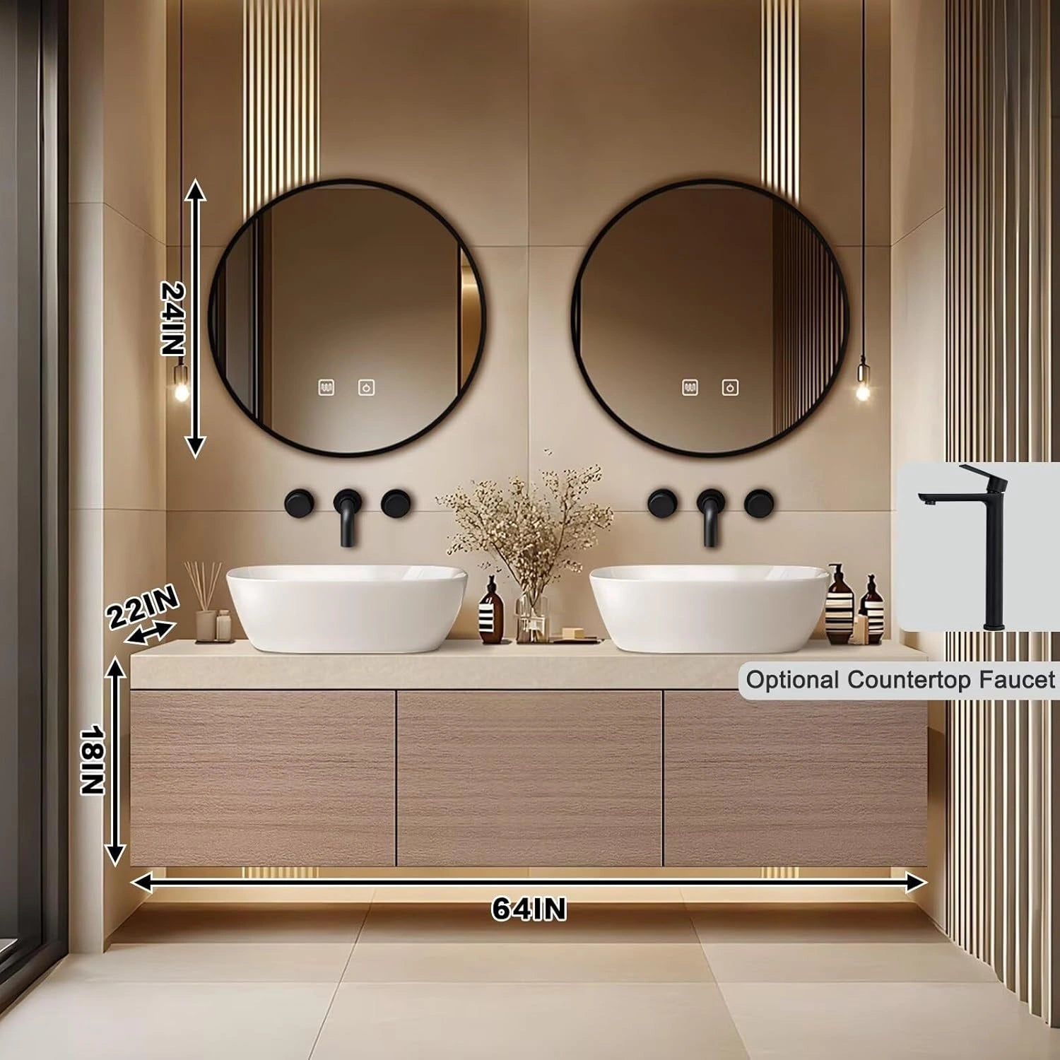 60” – 96” Minimalist Floating Bathroom Vanity with Ceramic Vessel Sinks