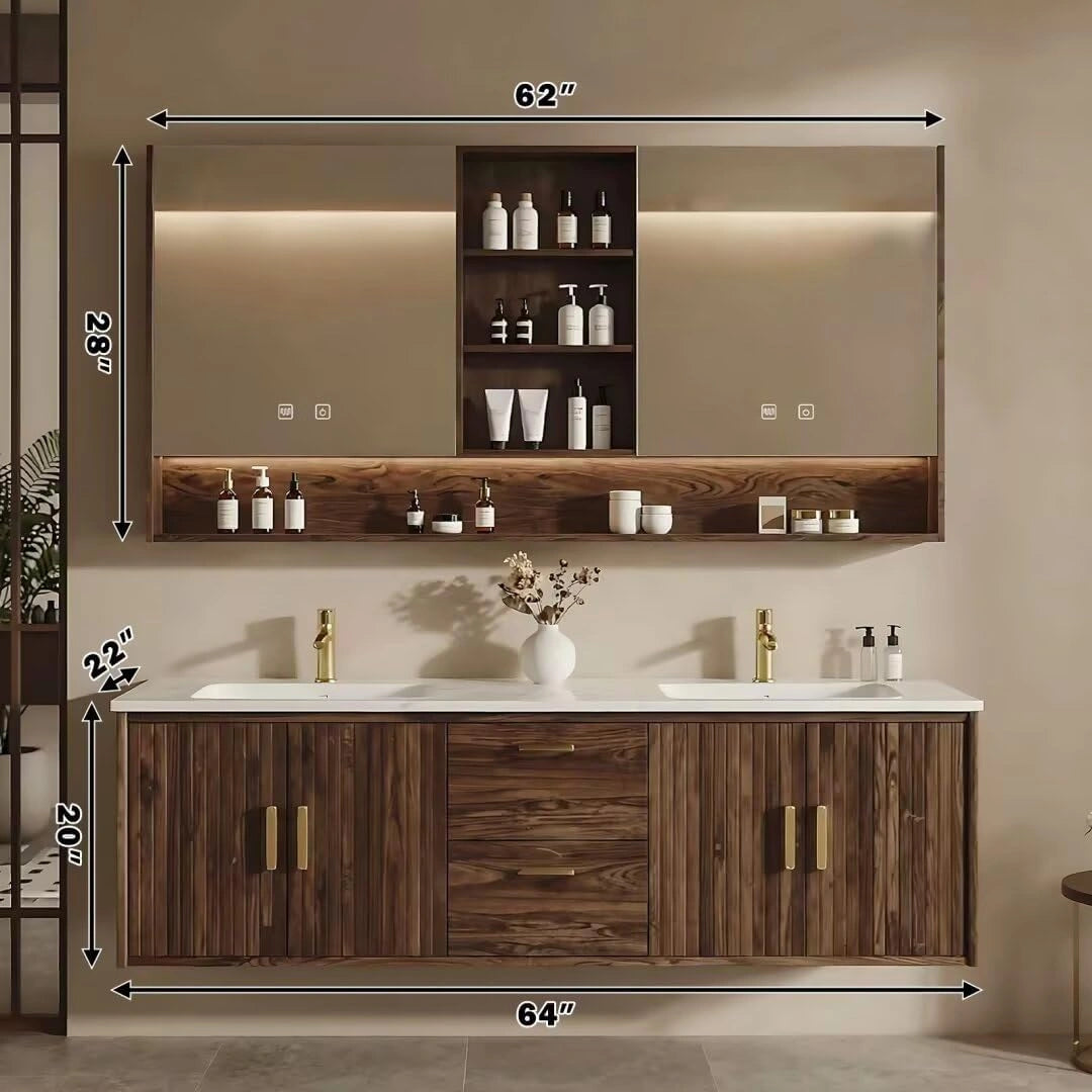 60” - 84” Luxury Floating Bathroom Vanity Includes Vertical Grain Cabinet