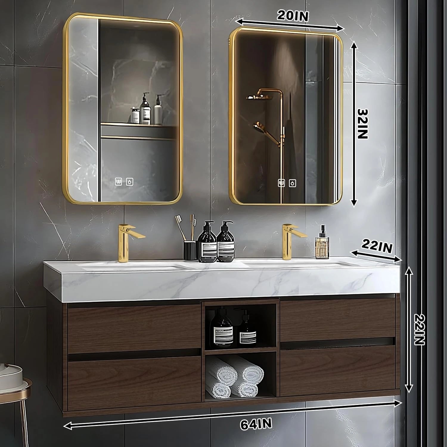 60” - 78” Brown Elegant Bathroom Vanity with Double Sinks Includes Symmetrical Drawer